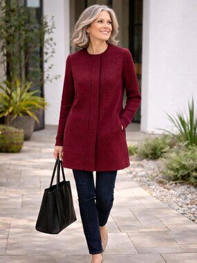 Talbots Petite Wool Blend Coat MP Burgundy Zip Front Sweater Sleeve Jacket NWOT